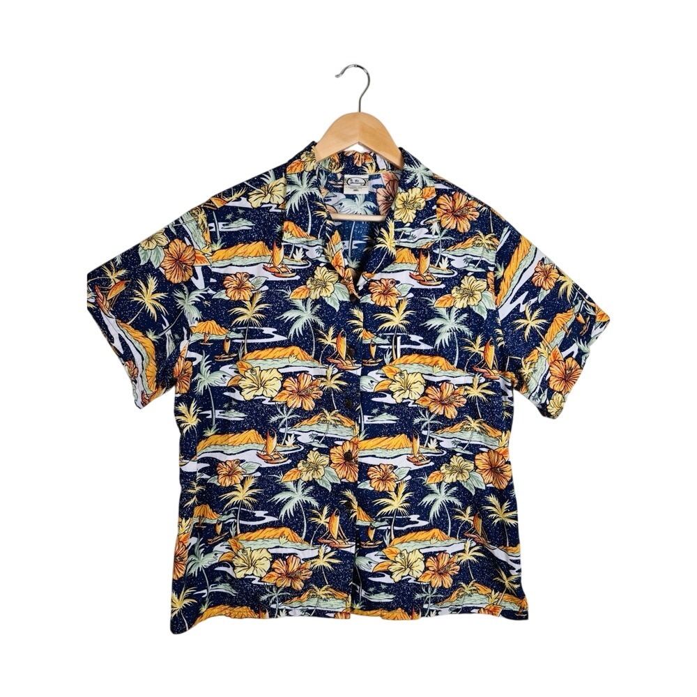 Go Barefoot Hawaiian Shirt Mens 3XL  Blue‎ Orange Hibiscus Palm Tree Cotton USA